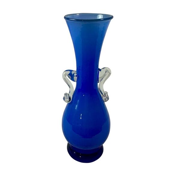 VTG Cobalt Blue Blown Glass 6" Tall Bud Vase With Clear Handles Decor Modern - Picture 2 of 7